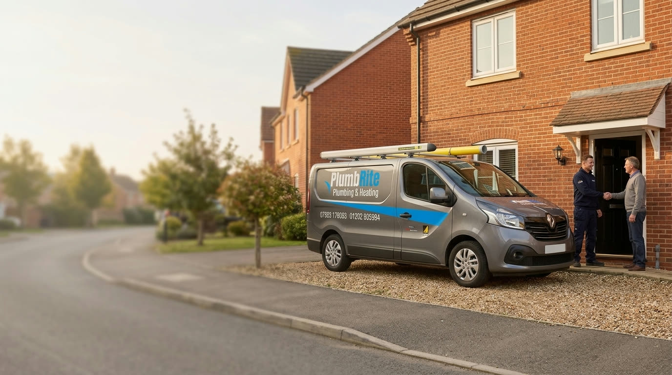 PlumbRite engineer greeting a customer at their front door beside the branded van