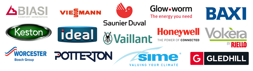 Boiler brands we work with — Biasi, Viessmann, Saunier Duval, Glow-worm, Baxi, Keston, Ideal, Vaillant, Honeywell, Vokera, Worcester Bosch, Potterton, Sime and Gledhill