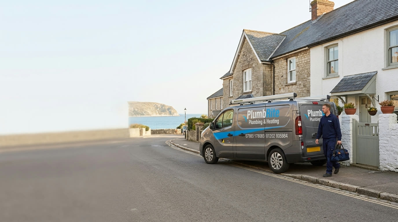 PlumbRite van parked outside a customer's house as the engineer arrives with his tools