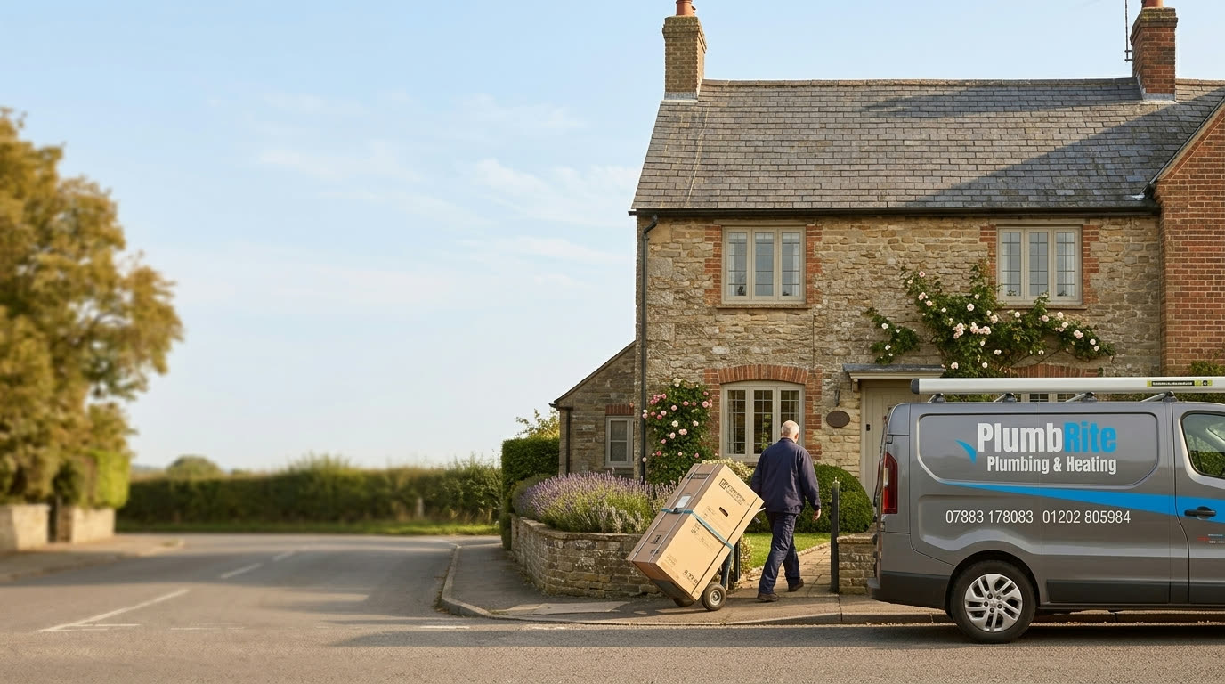 PlumbRite engineer delivering a new boiler to a stone cottage in rural Dorset
