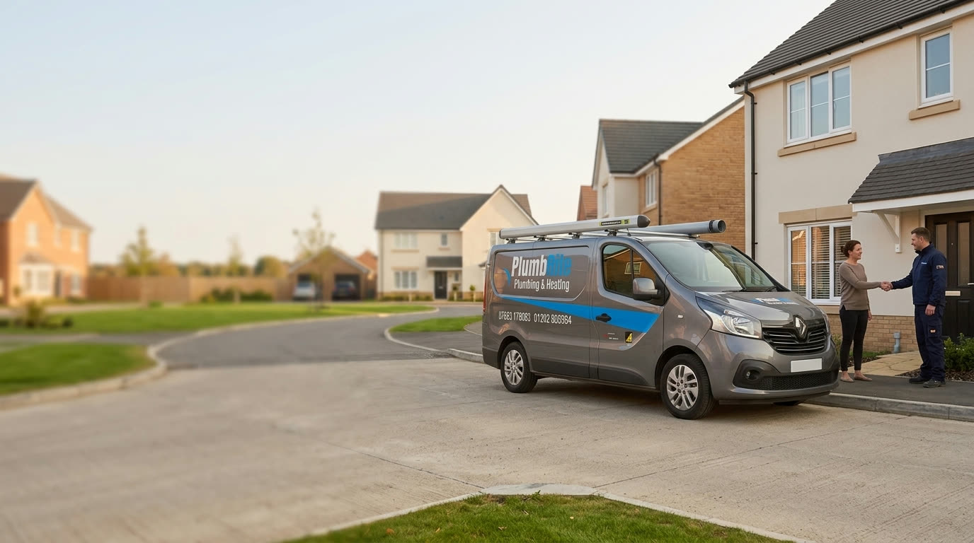 PlumbRite engineer shaking hands with a customer outside their home beside the branded van
