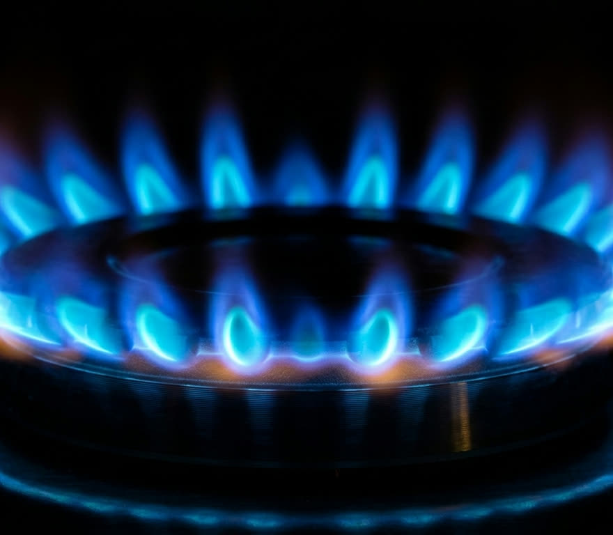 Blue flames on a gas hob ring