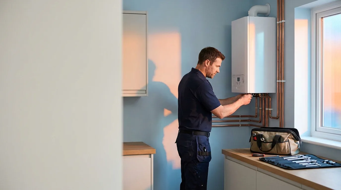 Heating engineer installing a new white wall-mounted combi boiler in a modern kitchen