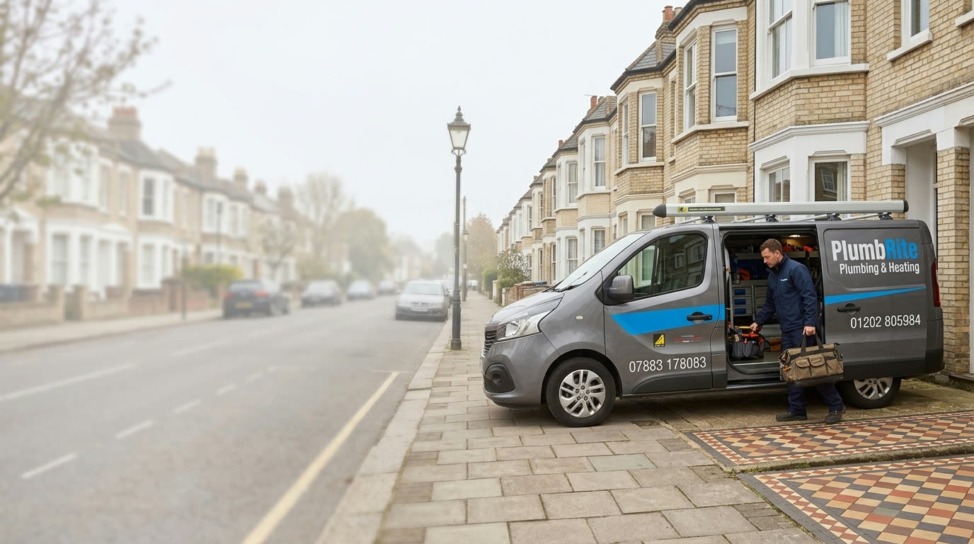 PlumbRite engineer collecting his tool bag from the van outside a terraced house