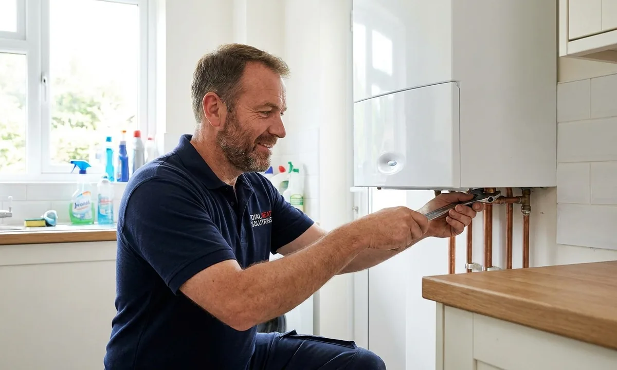 Heating engineer installing a wall-mounted combi boiler