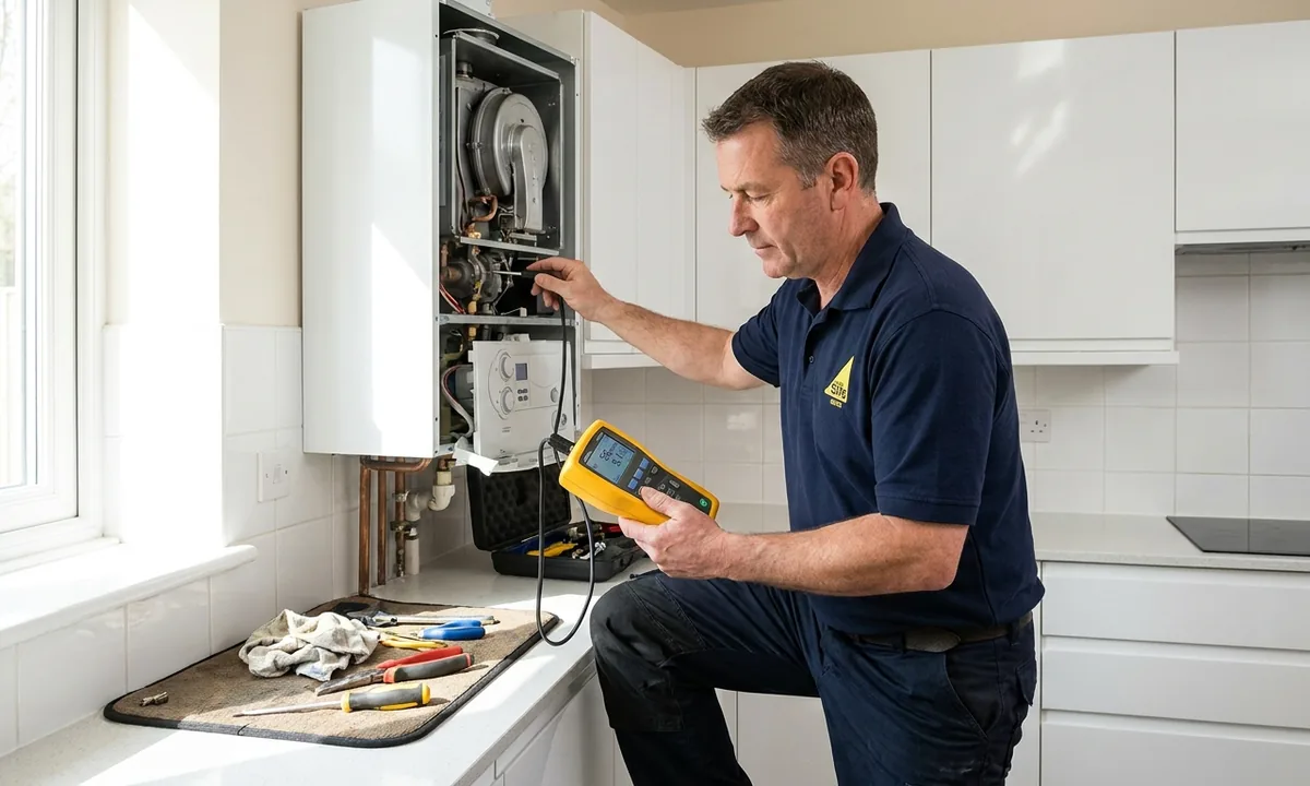 Gas engineer servicing a combi boiler with a flue gas analyser