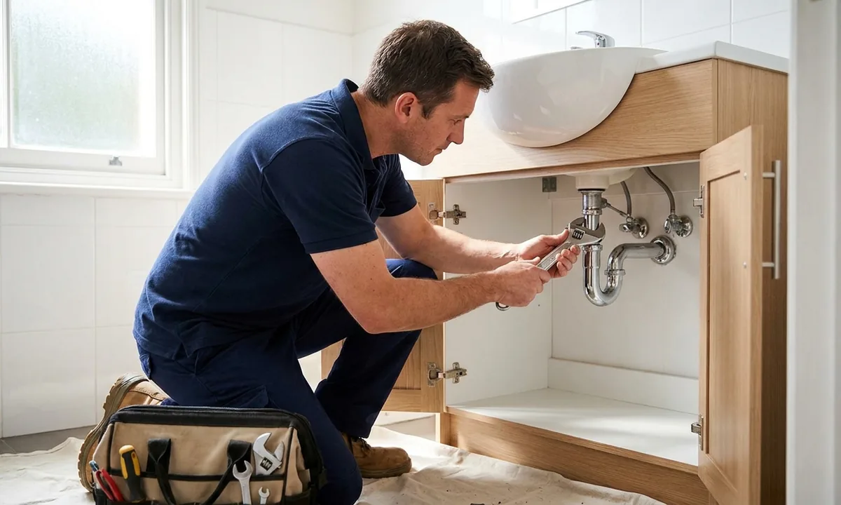 Plumber repairing pipework beneath a bathroom sink